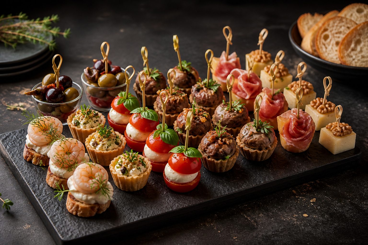 Let tapasmenu med små hapsere, brød og oliven
