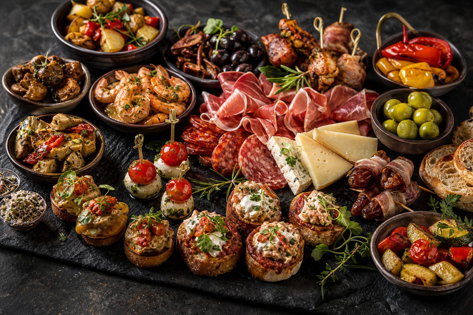 Luksus tapas med charcuteri, ost, pinchos og små anretninger