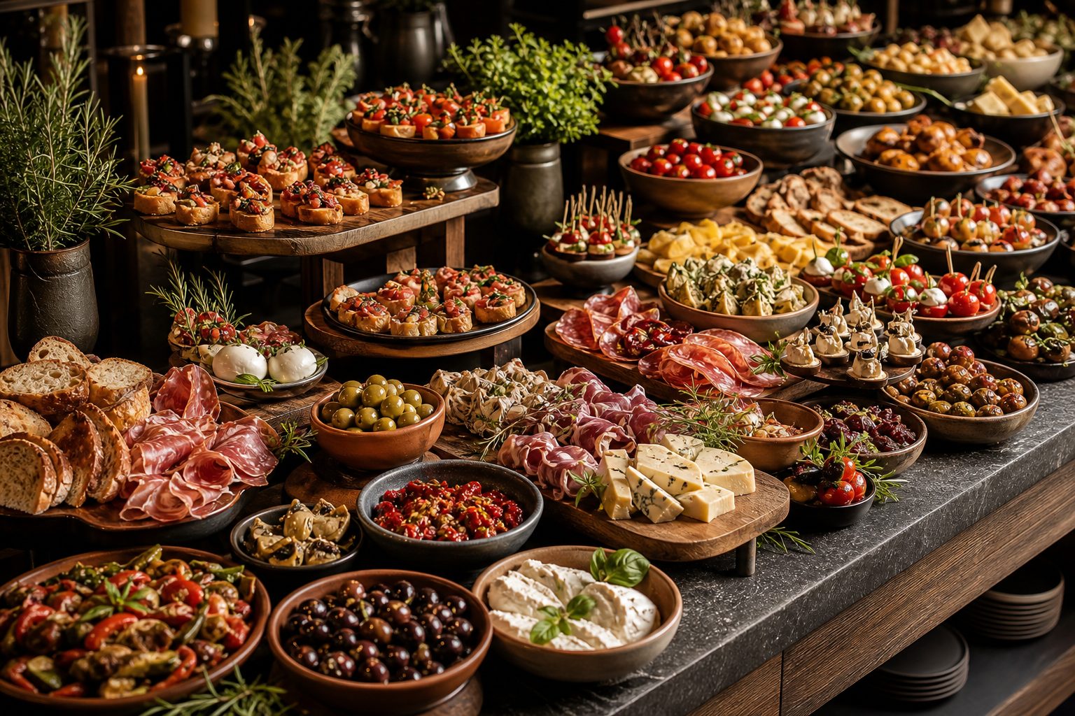 Tapasbord med charcuteri, ost, brød, oliven og pinchos